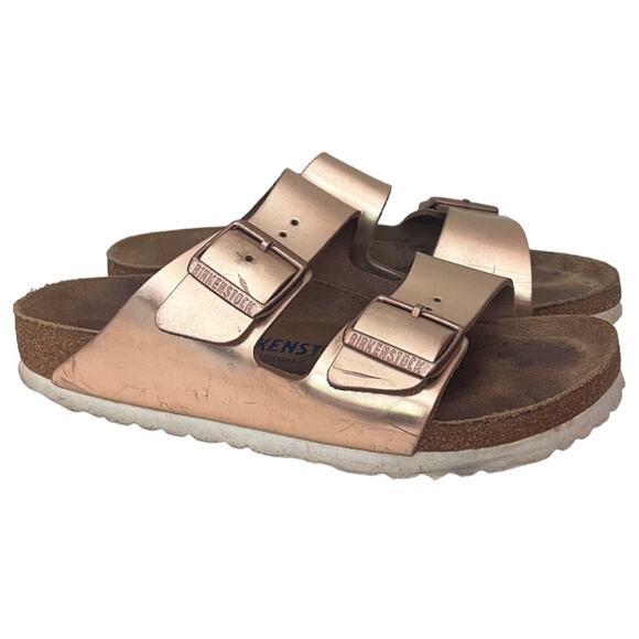 Birkenstock Arizona Soft Footbed Leather Sandal Womens 6 Metallic Copper 2 Strap - Picture 1 of 10
